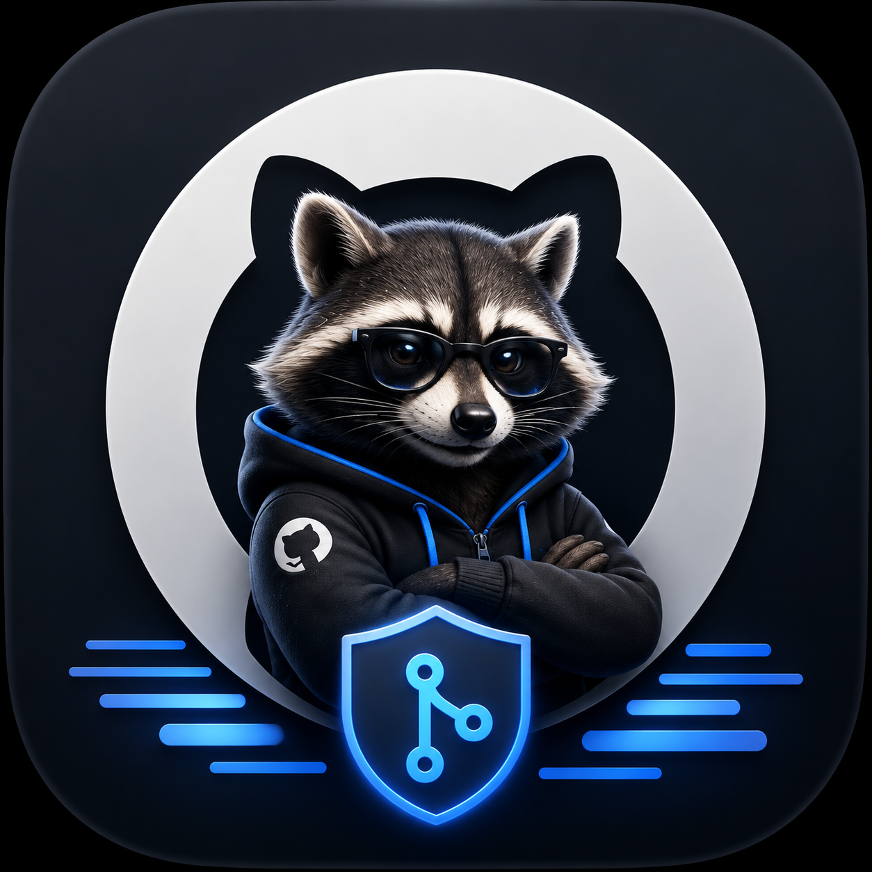 Logo de ghss: mapache con gafas y escudo de git dentro de un óvalo de GitHub